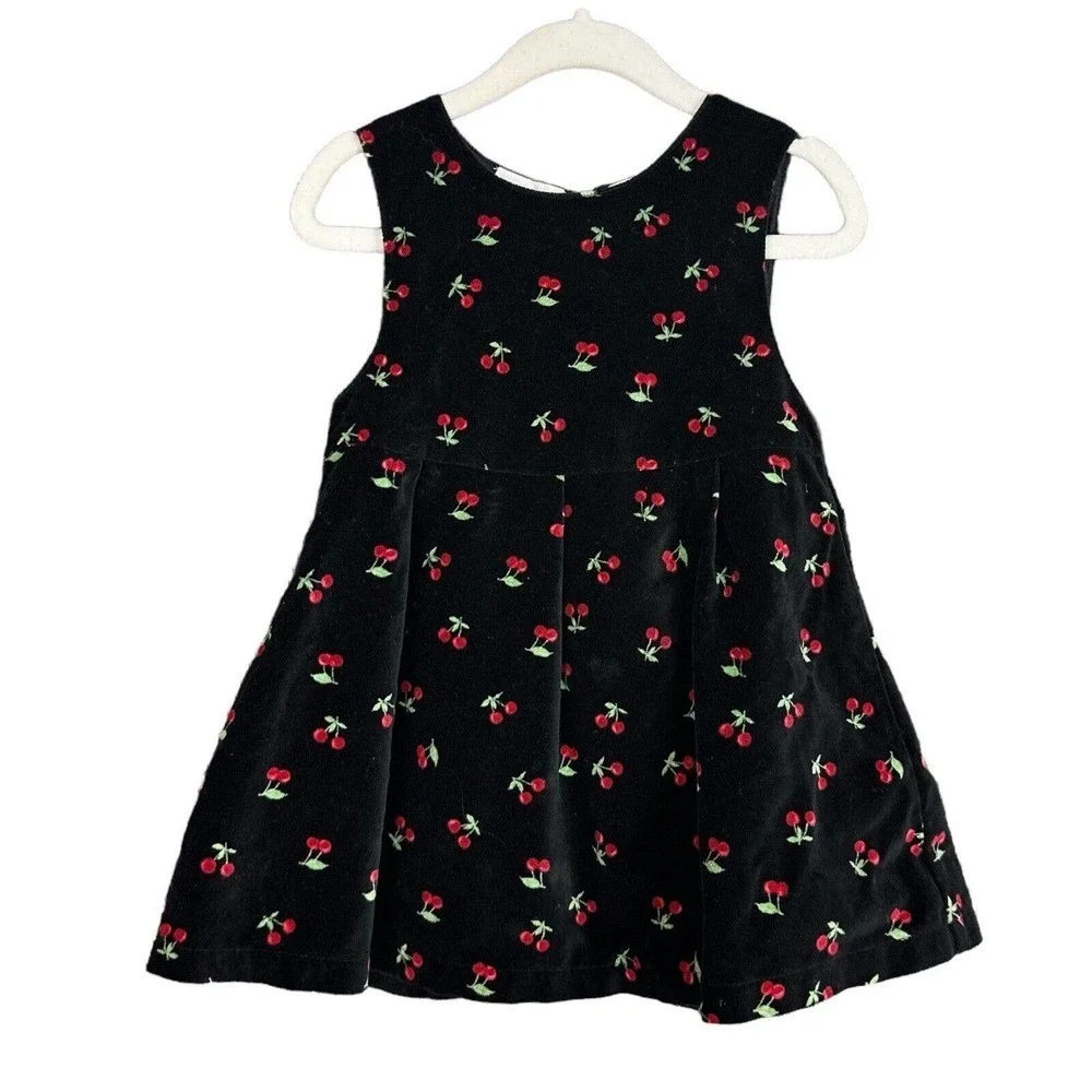 Vintage Baby Girl Cherry Print Dress Velvet Black‎ Size 24 Months